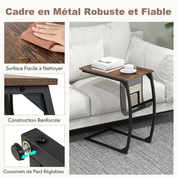 Table d'Appoint Bout de Canapé de Style Industriel Moderne Cadre en Métal 52 x 35 x 63 CM pour Salon Chambre Balcon