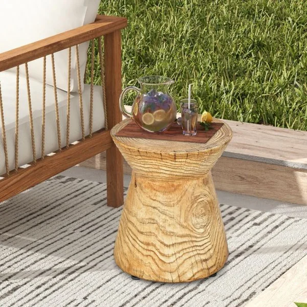 Table d'Appoint Bout de Canapé en Roche Tabouret avec Revêtement de Grain de Bois Patins Réglables 37x37x43cm pour Salon Jardin