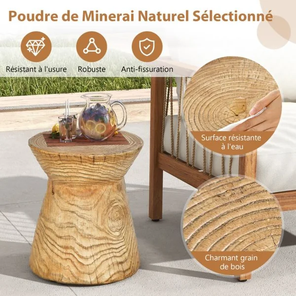 Table d'Appoint Bout de Canapé en Roche Tabouret avec Revêtement de Grain de Bois Patins Réglables 37x37x43cm pour Salon Jardin
