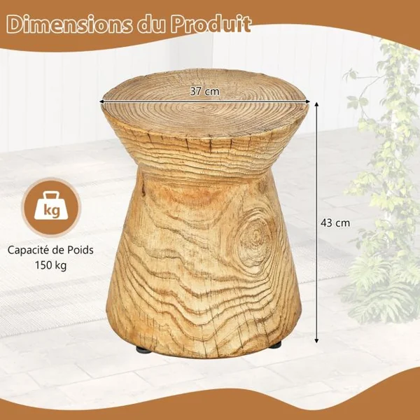Table d'Appoint Bout de Canapé en Roche Tabouret avec Revêtement de Grain de Bois Patins Réglables 37x37x43cm pour Salon Jardin