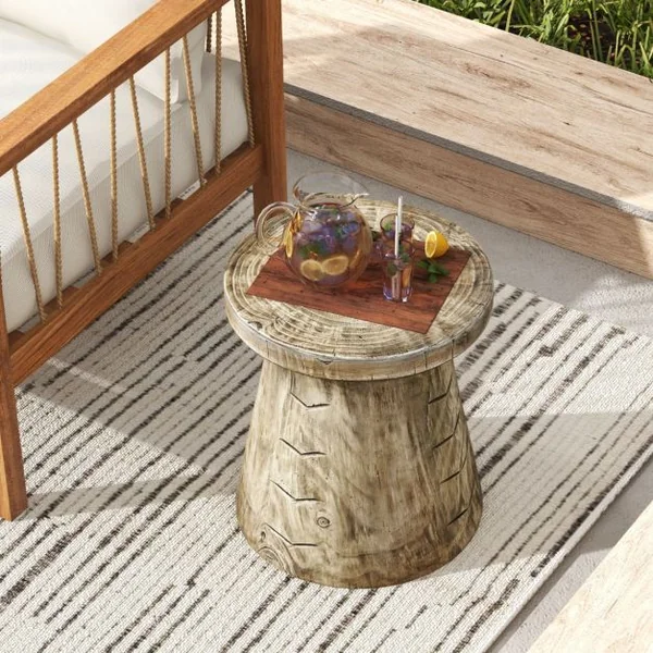 Table d'Appoint Bout de Canapé en Roche Tabouret Rustique avec Revêtement de Grain de Bois Forme de Champignon Patins Réglables 37x37x43cm pour Salon Jardin