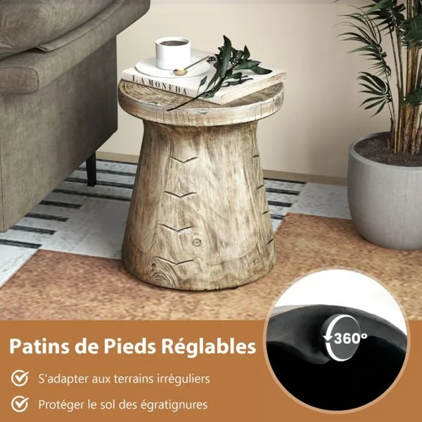 Table d'Appoint Bout de Canapé en Roche Tabouret Rustique avec Revêtement de Grain de Bois Forme de Champignon Patins Réglables 37x37x43cm pour Salon Jardin