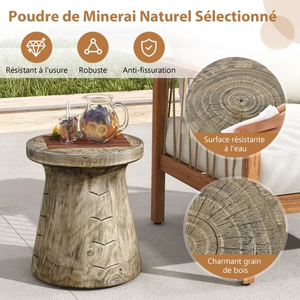 Table d'Appoint Bout de Canapé en Roche Tabouret Rustique avec Revêtement de Grain de Bois Forme de Champignon Patins Réglables 37x37x43cm pour Salon Jardin