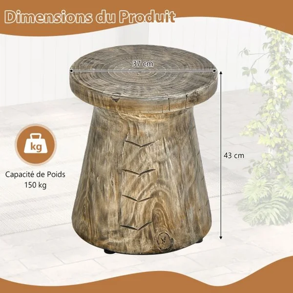 Table d'Appoint Bout de Canapé en Roche Tabouret Rustique avec Revêtement de Grain de Bois Forme de Champignon Patins Réglables 37x37x43cm pour Salon Jardin
