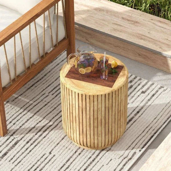 Table d'Appoint Bout de Canapé en Roche Tabouret Rustique avec Revêtement de Grain de Bois Forme de Souche Arbre Patins Réglables 37x37x43cm pour Salon Jardin
