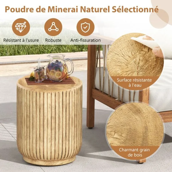 Table d'Appoint Bout de Canapé en Roche Tabouret Rustique avec Revêtement de Grain de Bois Forme de Souche Arbre Patins Réglables 37x37x43cm pour Salon Jardin