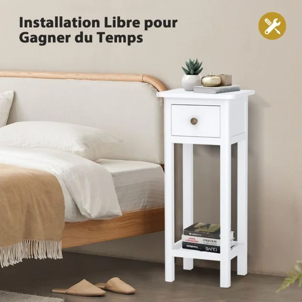 Table d'Appoint Bouts de Canapé avec Tiroir et Étagère Aucun Assemblage Petite Table Haute Étroite pour Chambre Salon Entrée 35 x 30 x 80 cm Noir