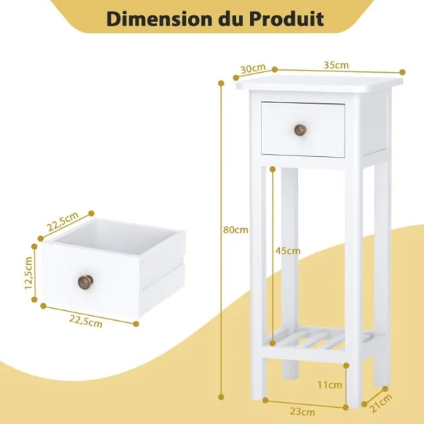 Table d'Appoint Bouts de Canapé avec Tiroir et Étagère Aucun Assemblage Petite Table Haute Étroite pour Chambre Salon Entrée 35 x 30 x 80 cm Noir