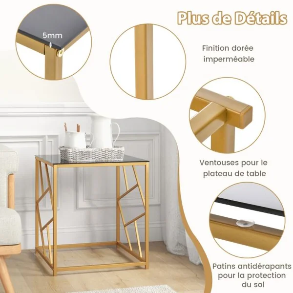 Table d'Appoint Carrée Bout de Canapé avec Plateau en Verre Trempé Cadre Géométrique Doré Petite Table Basse Salon Moderne 50 x 50 x 55 cm Noir