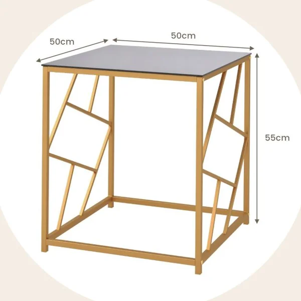 Table d'Appoint Carrée Bout de Canapé avec Plateau en Verre Trempé Cadre Géométrique Doré Petite Table Basse Salon Moderne 50 x 50 x 55 cm Noir