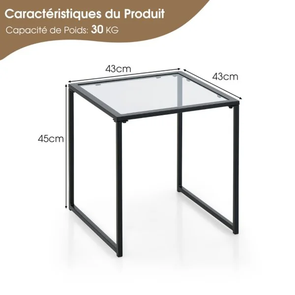 Table D'appoint Carrée D'extérieur de 43 Cm en Verre Trempé Cadre en Métal Assemblage Facile Petite Table Basse pour Salon Porche Terrasse Jardin Noir