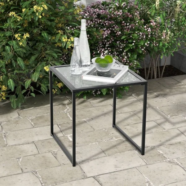 Table D'appoint Carrée D'extérieur de 43 Cm en Verre Trempé Cadre en Métal Assemblage Facile Petite Table Basse pour Salon Porche Terrasse Jardin Noir