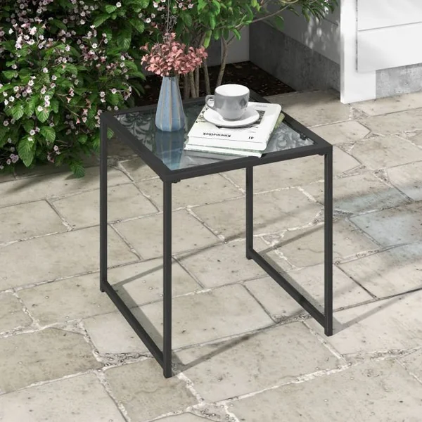Table D'appoint Carrée D'extérieur de 43 Cm en Verre Trempé Cadre en Métal Assemblage Facile Petite Table Basse pour Salon Porche Terrasse Jardin Noir