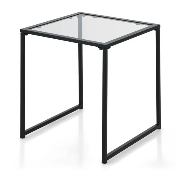 Table D'appoint Carrée D'extérieur de 43 Cm en Verre Trempé Cadre en Métal Assemblage Facile Petite Table Basse pour Salon Porche Terrasse Jardin Noir