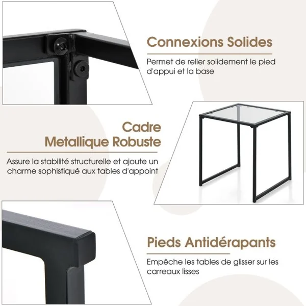Table D'appoint Carrée D'extérieur de 43 Cm en Verre Trempé Cadre en Métal Assemblage Facile Petite Table Basse pour Salon Porche Terrasse Jardin Noir