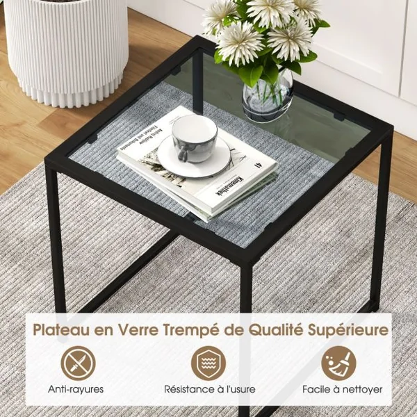 Table D'appoint Carrée D'extérieur de 43 Cm en Verre Trempé Cadre en Métal Assemblage Facile Petite Table Basse pour Salon Porche Terrasse Jardin Noir