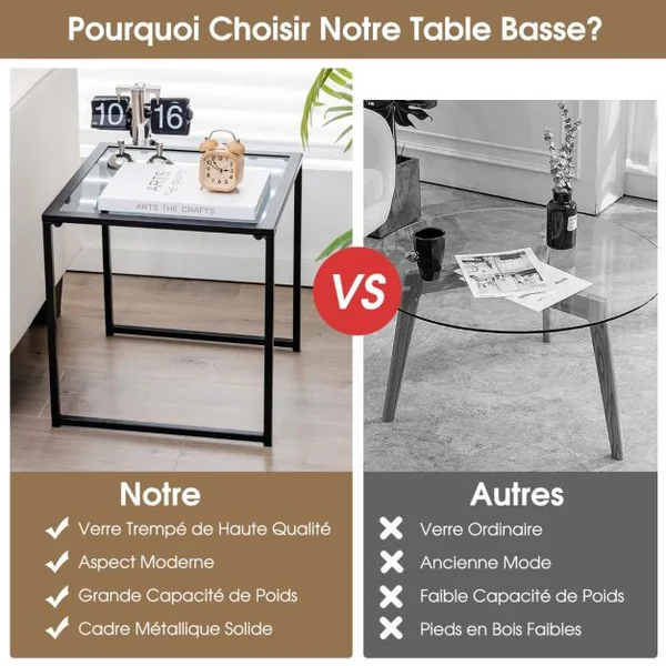 Table D'appoint Carrée D'extérieur de 43 Cm en Verre Trempé Cadre en Métal Assemblage Facile Petite Table Basse pour Salon Porche Terrasse Jardin Noir