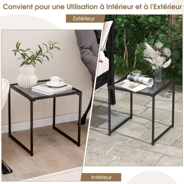 Table D'appoint Carrée D'extérieur de 43 Cm en Verre Trempé Cadre en Métal Assemblage Facile Petite Table Basse pour Salon Porche Terrasse Jardin Noir