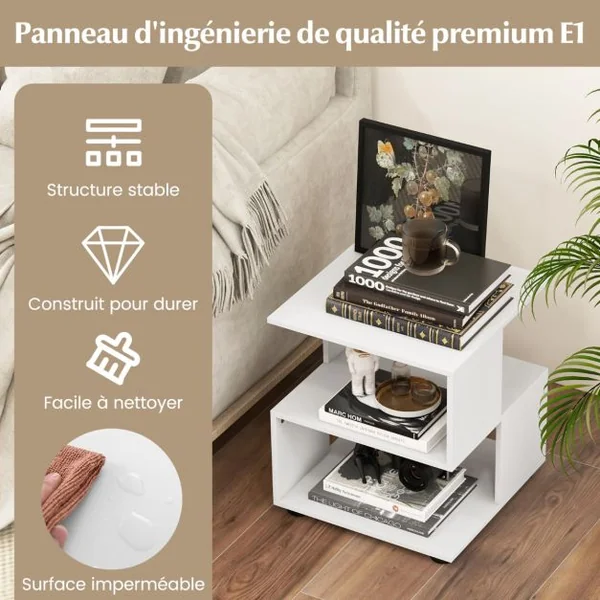 Table d'Appoint de Canapé à 3 Niveaux Table de Chevet Moderne avec Etagères Patins Antidérapants Table Basse Assemblage Facile Blanc