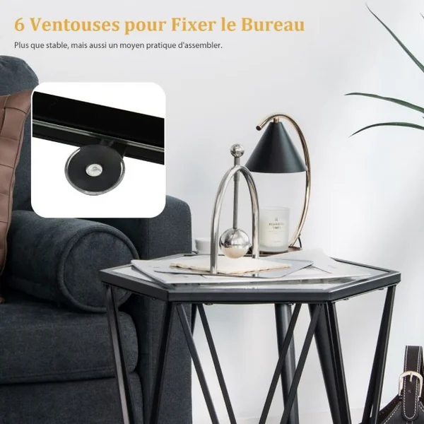 Table d'Appoint de Style Industrielle Moderne Plateau en Verre Trempé et Cadre en Acier Robuste