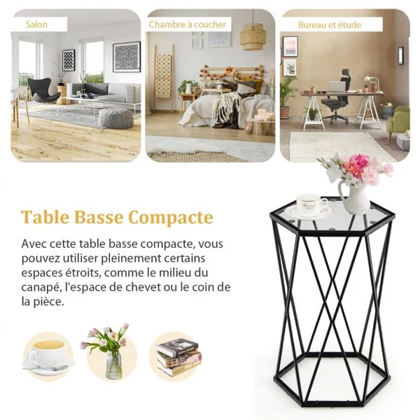 Table d'Appoint de Style Industrielle Moderne Plateau en Verre Trempé et Cadre en Acier Robuste