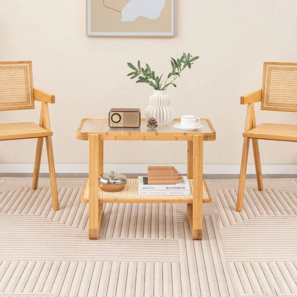 Table d'Appoint en Bambou à 2 Niveaux Plateau en Verre Table de Chevet Table Basse Compacte pour Chambre Salon Naturel