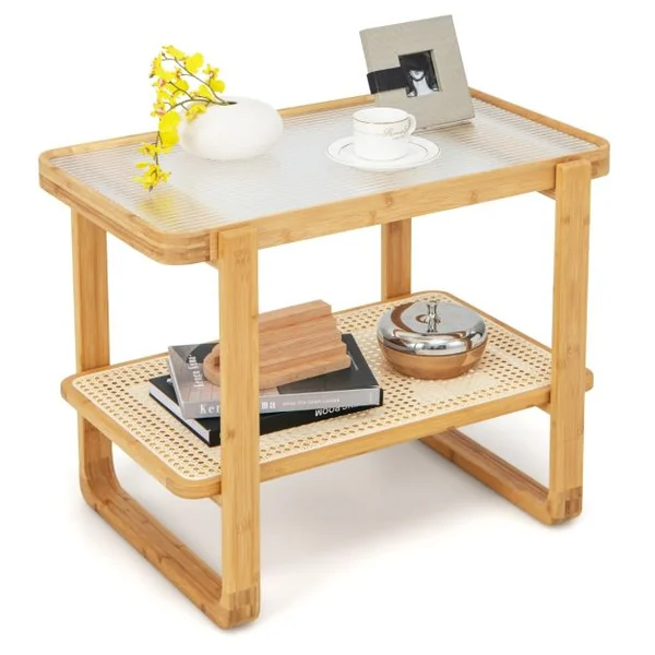 Table d'Appoint en Bambou à 2 Niveaux Plateau en Verre Table de Chevet Table Basse Compacte pour Chambre Salon Naturel