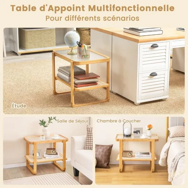 Table d'Appoint en Bambou à 2 Niveaux Plateau en Verre Table de Chevet Table Basse Compacte pour Chambre Salon Naturel