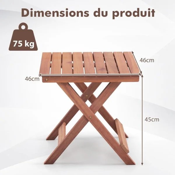 Table D'appoint en Bois Pliante avec Plateau à Lamelles Naturel
