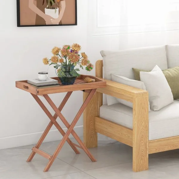 Table D'appoint en Bois Table D'extrémité Pliante avec Plateau à Thé Détachable et Structure Robuste en Forme de X Table à Thé pour Maison Piscine