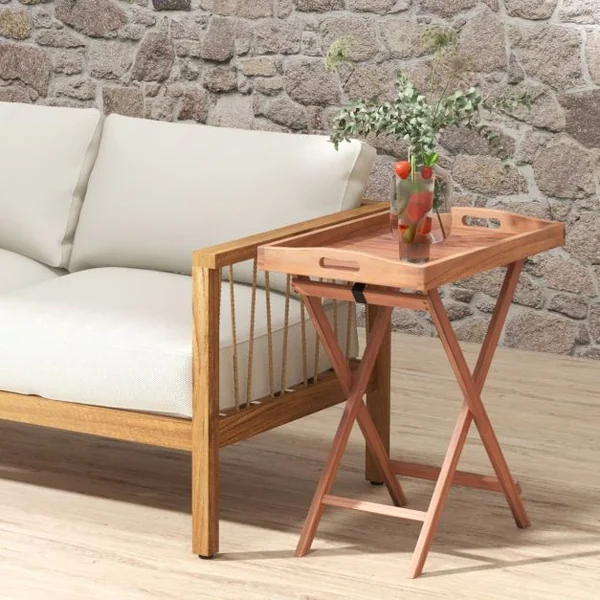 Table D'appoint en Bois Table D'extrémité Pliante avec Plateau à Thé Détachable et Structure Robuste en Forme de X Table à Thé pour Maison Piscine