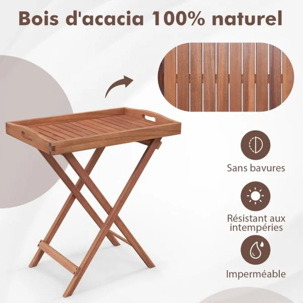 Table D'appoint en Bois Table D'extrémité Pliante avec Plateau à Thé Détachable et Structure Robuste en Forme de X Table à Thé pour Maison Piscine