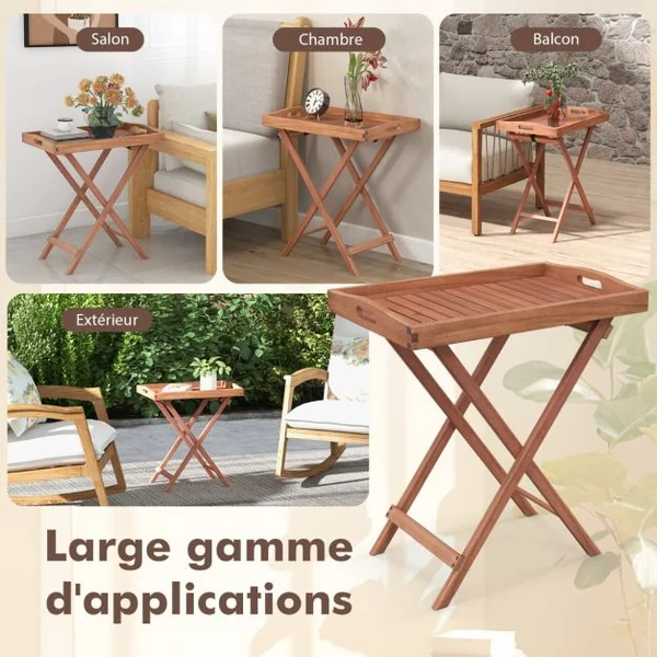 Table D'appoint en Bois Table D'extrémité Pliante avec Plateau à Thé Détachable et Structure Robuste en Forme de X Table à Thé pour Maison Piscine