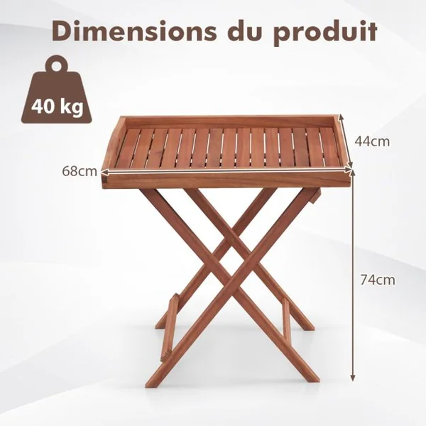 Table D'appoint en Bois Table D'extrémité Pliante avec Plateau à Thé Détachable et Structure Robuste en Forme de X Table à Thé pour Maison Piscine
