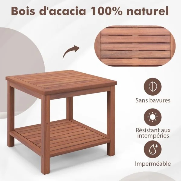Table D'appoint en Bois à 2 Niveaux Table D'extrémité Rectangulaire Portable avec Plateau à Lamelles Table Basse D'extérieur et D'intérieur