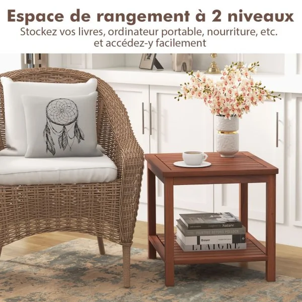 Table D'appoint en Bois à 2 Niveaux Table D'extrémité Rectangulaire Portable avec Plateau à Lamelles Table Basse D'extérieur et D'intérieur