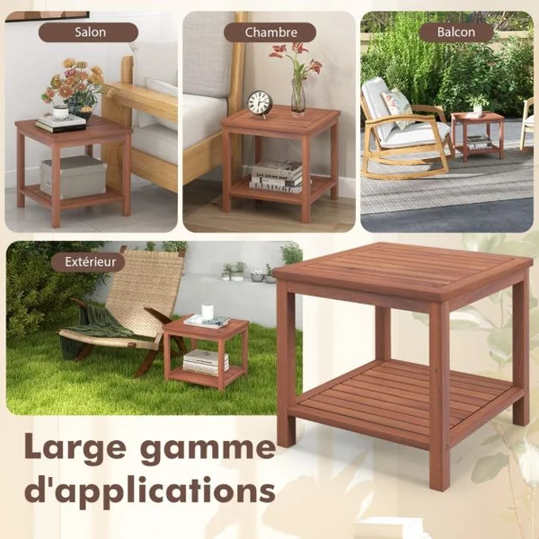 Table D'appoint en Bois à 2 Niveaux Table D'extrémité Rectangulaire Portable avec Plateau à Lamelles Table Basse D'extérieur et D'intérieur