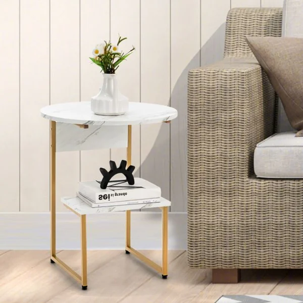 Table d'Appoint en Faux Marbre Blanc avec Plateau Rond et Étagère Carrée et Structure Dorée 50 x 34 x 61 cm