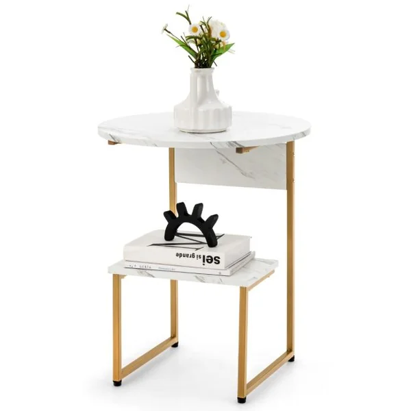 Table d'Appoint en Faux Marbre Blanc avec Plateau Rond et Étagère Carrée et Structure Dorée 50 x 34 x 61 cm
