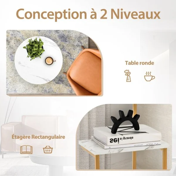 Table d'Appoint en Faux Marbre Blanc avec Plateau Rond et Étagère Carrée et Structure Dorée 50 x 34 x 61 cm