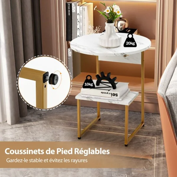 Table d'Appoint en Faux Marbre Blanc avec Plateau Rond et Étagère Carrée et Structure Dorée 50 x 34 x 61 cm