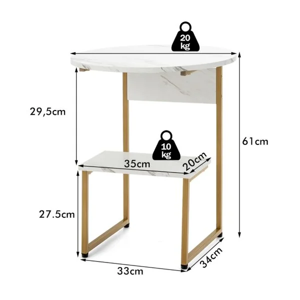 Table d'Appoint en Faux Marbre Blanc avec Plateau Rond et Étagère Carrée et Structure Dorée 50 x 34 x 61 cm