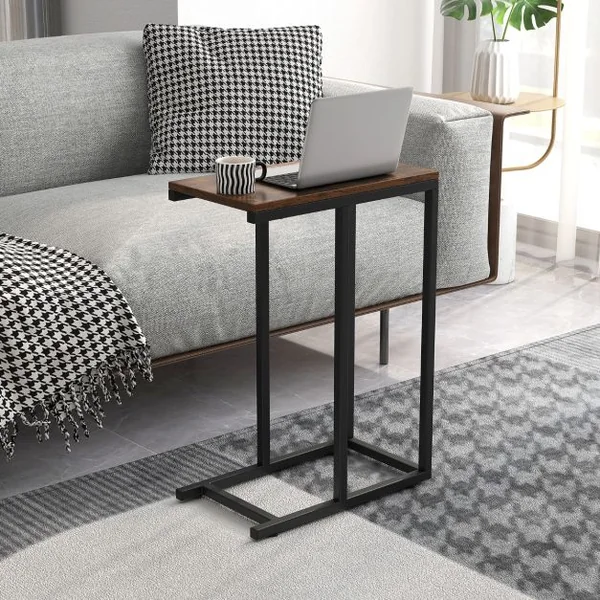Table d'Appoint en Forme de ‘C’ pour Canapé et Lit Table d'Appoint de Canapé 64 cm Cadre en Métal Table à Plateau TV Chêne Rustique Noir/Café/Gris