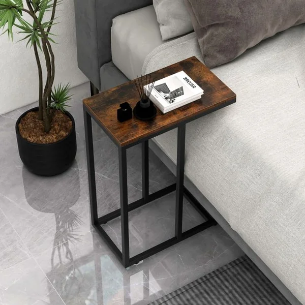 Table d'Appoint en Forme de ‘C’ pour Canapé et Lit Table d'Appoint de Canapé 64 cm Cadre en Métal Table à Plateau TV Chêne Rustique Noir/Café/Gris