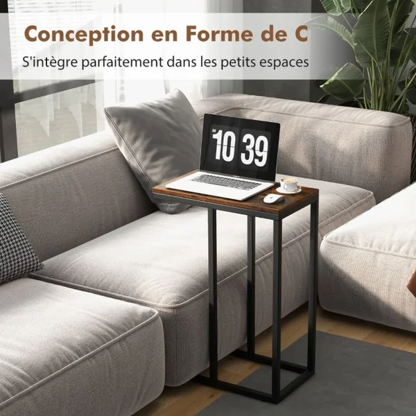 Table d'Appoint en Forme de ‘C’ pour Canapé et Lit Table d'Appoint de Canapé 64 cm Cadre en Métal Table à Plateau TV Chêne Rustique Noir/Café/Gris