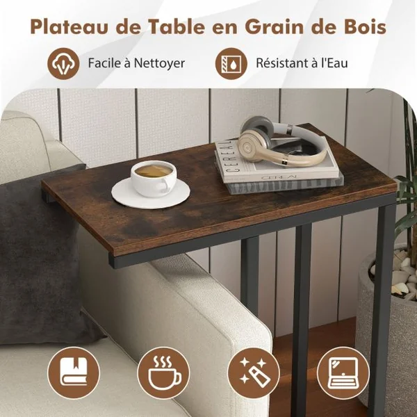 Table d'Appoint en Forme de ‘C’ pour Canapé et Lit Table d'Appoint de Canapé 64 cm Cadre en Métal Table à Plateau TV Chêne Rustique Noir/Café/Gris