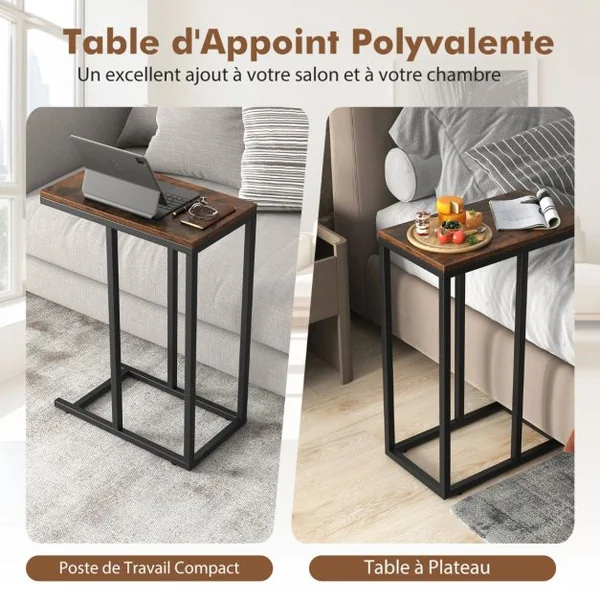 Table d'Appoint en Forme de ‘C’ pour Canapé et Lit Table d'Appoint de Canapé 64 cm Cadre en Métal Table à Plateau TV Chêne Rustique Noir/Café/Gris