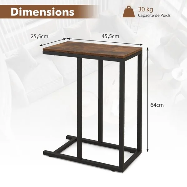 Table d'Appoint en Forme de ‘C’ pour Canapé et Lit Table d'Appoint de Canapé 64 cm Cadre en Métal Table à Plateau TV Chêne Rustique Noir/Café/Gris