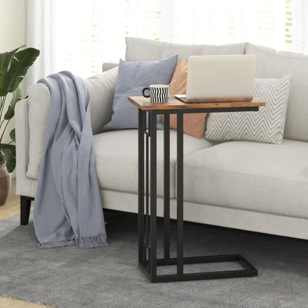 Table d'Appoint en Forme de ‘C’ Table d'Appoint Compacte pour Petit Espace Cadre en Métal Robuste Pieds Réglables Marron Rustique