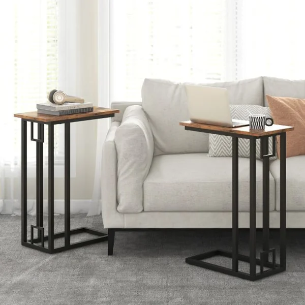 Table d'Appoint en Forme de ‘C’ Table d'Appoint Compacte pour Petit Espace Cadre en Métal Robuste Pieds Réglables Marron Rustique